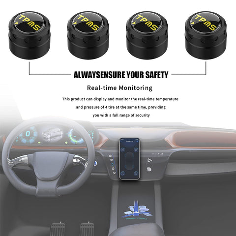 Tire Pressure Monitoring System, Bluetooth 5.0, 5 Alarm Modes, 4 TPMS External Sensors, Support iOS & Android,  Real-time Detection Pressure & Temperature, Easy to Install Tire Pressure Monitoring System, Bluetooth 5.0, 5 Alarm Modes, 4 TPMS External Sensors, Support iOS & Android,  Real-time Detection Pressure & Temperature, Easy to Install