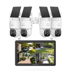 4MP Wireless Security Camera System with 10.1" NVR Monitor & 4 Solar PTZ Cameras, AI + PIR Human Detection, 8000mAh Battery, Color Night Vision, Two-Way Audio