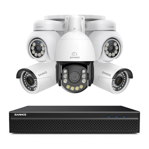 4K 8-Channel PoE SKcurity NVR System with 5PCS 8MP Cameras, 1X 20X PTZ + 2X Bullet + 2X PT IP Cameras, Auto Tracking, Two-Way Audio, Night Vision