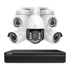 4K 8-Channel PoE Security NVR System with 5PCS 8MP Cameras, 1X 20X PTZ + 2X Bullet + 2X PT IP Cameras, Auto Tracking, Two-Way Audio, Night Vision