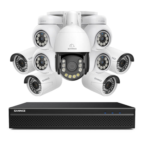 4K 8-Channel PoE SKcurity NVR System with 9PCS 8MP Cameras, 1X 20X PTZ + 4X Bullet + 4X PT IP Cameras, Auto Tracking, Two-Way Audio, Night Vision