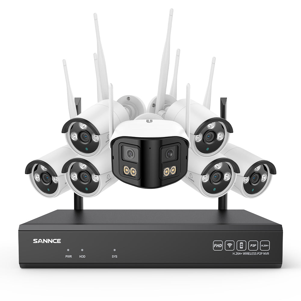 5MP 16-Channel Wireless CCTV System, 8MP NVR, WiFi IP Cameras, AI Audio, Human Detection, Works with Alexa (1x4MP Dual-Lens Camera + 6x3MP Night Vision Cameras)