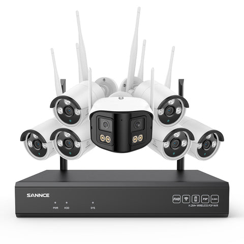 5MP 16-Channel Wireless CCTV System, 8MP NVR, WiFi IP Cameras, AI Audio, Human Detection, Works with Alexa (1x4MP Dual-Lens Camera + 6x3MP Night Vision Cameras)