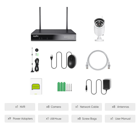 3MP 10-Channel Wireless Security Camera System, 5MP NVR,  8pcs WiFi IP Cameras, Audio Recording, AI Human Detection, Work With Alexa