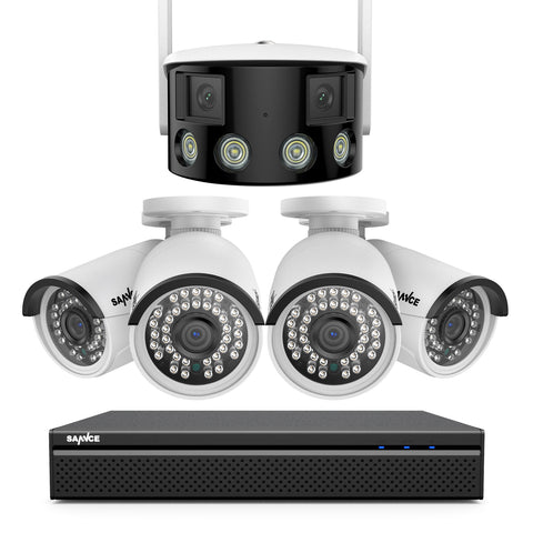 5MP 8 Channel 4 PoE Security Camera System + 1 Dual Lens Panoramic WiFi IP Camera, Color Night Vision, Two-way Audio