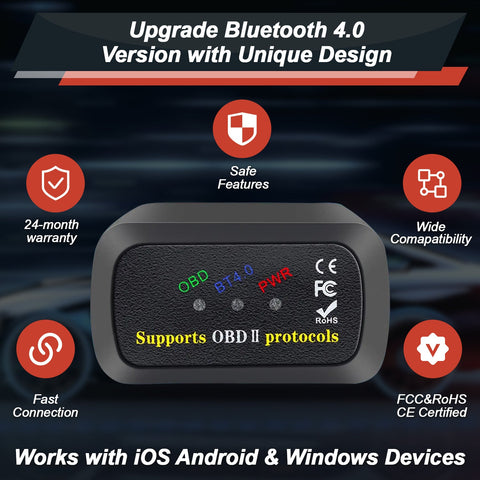 OBD2 Bluetooth 4.0 Scanner Enhanced Universal Car Code Readers & Auto Diagnostic Scan Tools Check Engine Light Test APP for iPhone, Android, and Windows