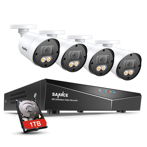 4 Channel 4 Camera 1080P Full HD Colour Night Vision CCTV System, Built-in 3500K Warm LED Spotlight & 1 TB HDD