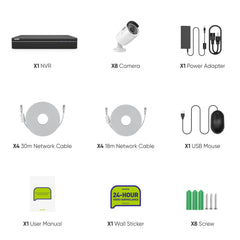 4K 8-Channel Wired PoE Security NVR System with 8 5MP Bullet CCTV IP Cameras, Audio Recording