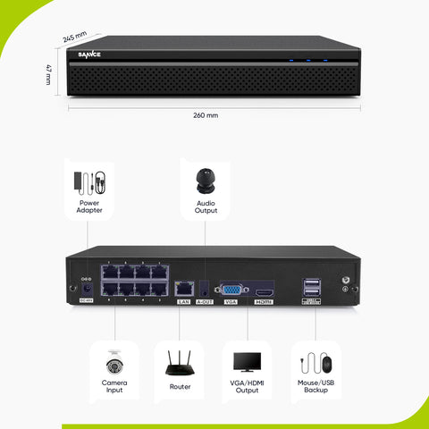 4K 8-Channel Wired PoE Security NVR System with 8 5MP Bullet CCTV IP Cameras, Audio Recording